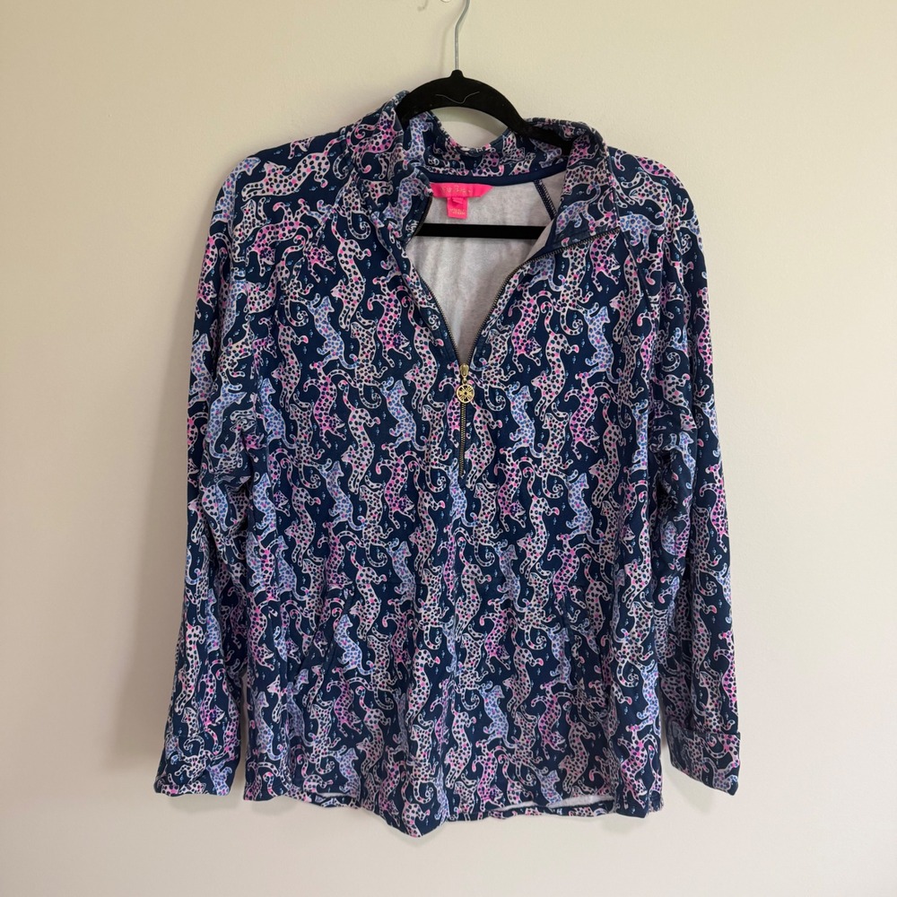 Lilly Pulitzer Womens XL Finn 1/4 Zip Pullover Navy Blue Cheetah Leopard Print